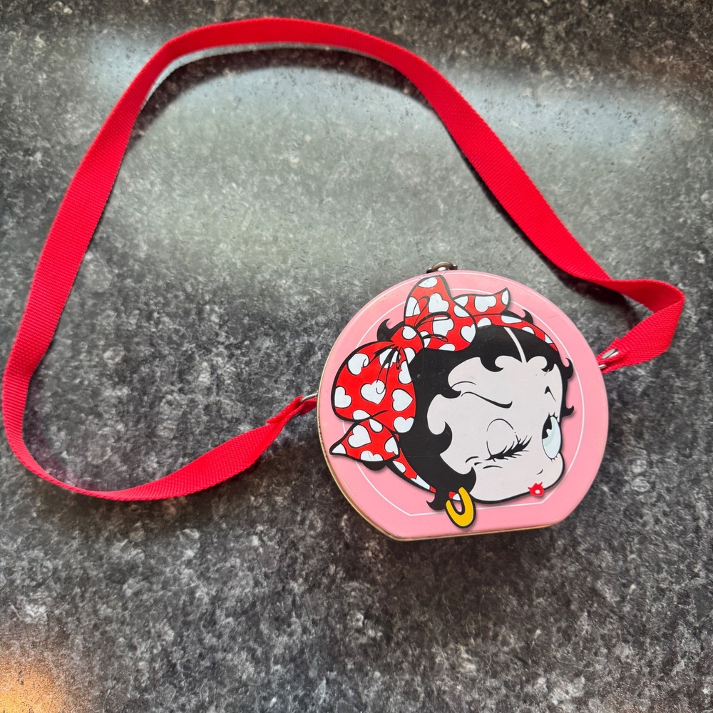 Vintage y2k Betty Boop Tin Purse Crossbody Bag Pink Red Heart Winking Face Metal
